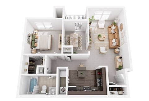 Floor plan for 1 bed, 1 bath, 955 sqft